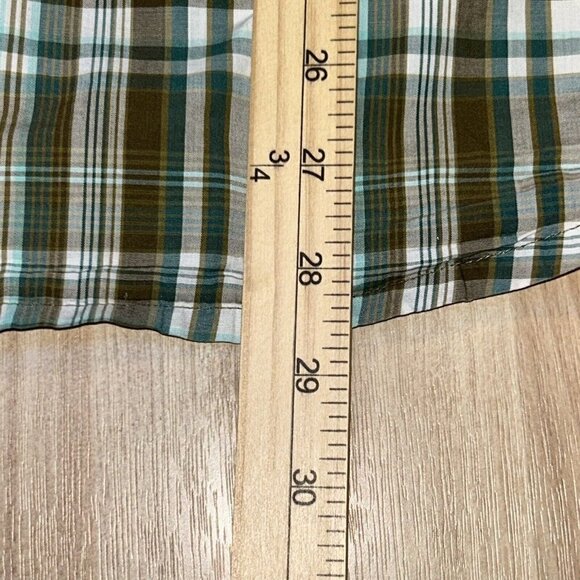 Prana Shirt Mens Large Green Brown Plaid Pearl Snap Short Sleeve Pockets Western - Picture 11 of 11